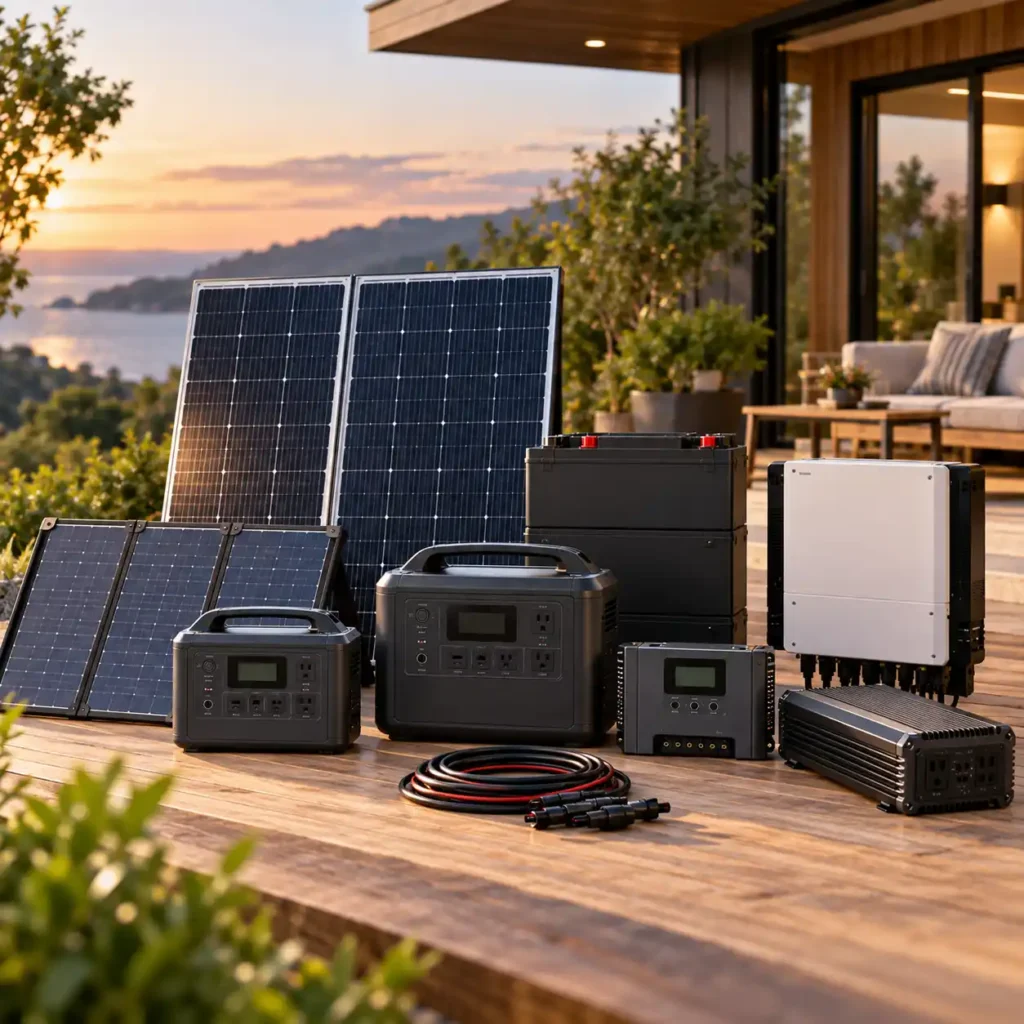 Portable power stations, solar panels, battery units, inverters, charge controller, and cables arranged on a wooden deck