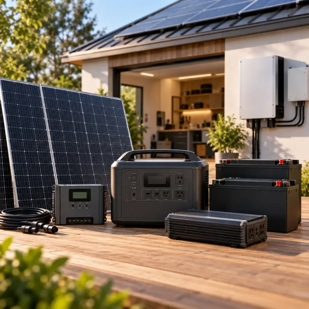 Solar panels, portable power station, batteries, charge controller, inverter, and cables arranged beside a modern home