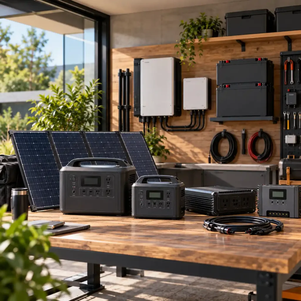 Solar panels, portable power stations, battery units, inverters, charge controller, and cables arranged in a home energy workshop
