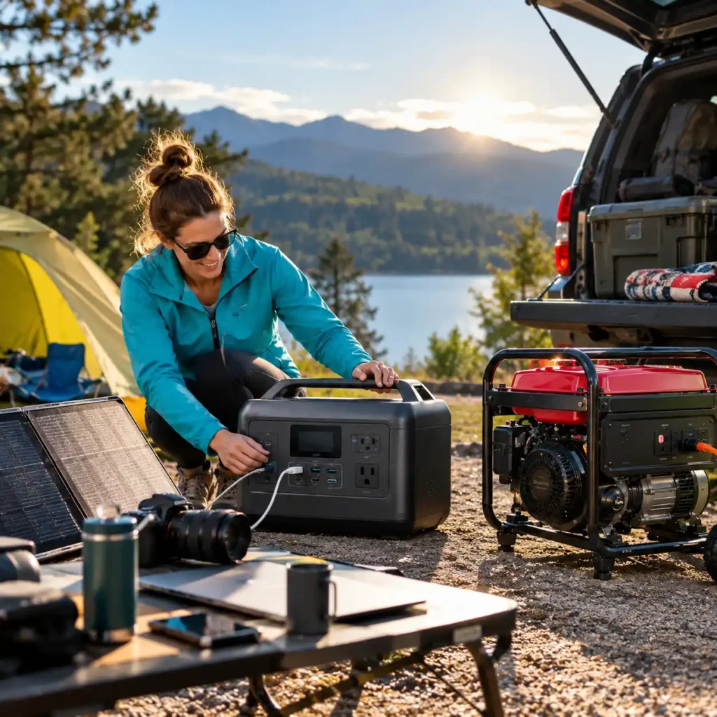 Woman connecting a portable power station at a campsite beside a solar panel and fuel generator