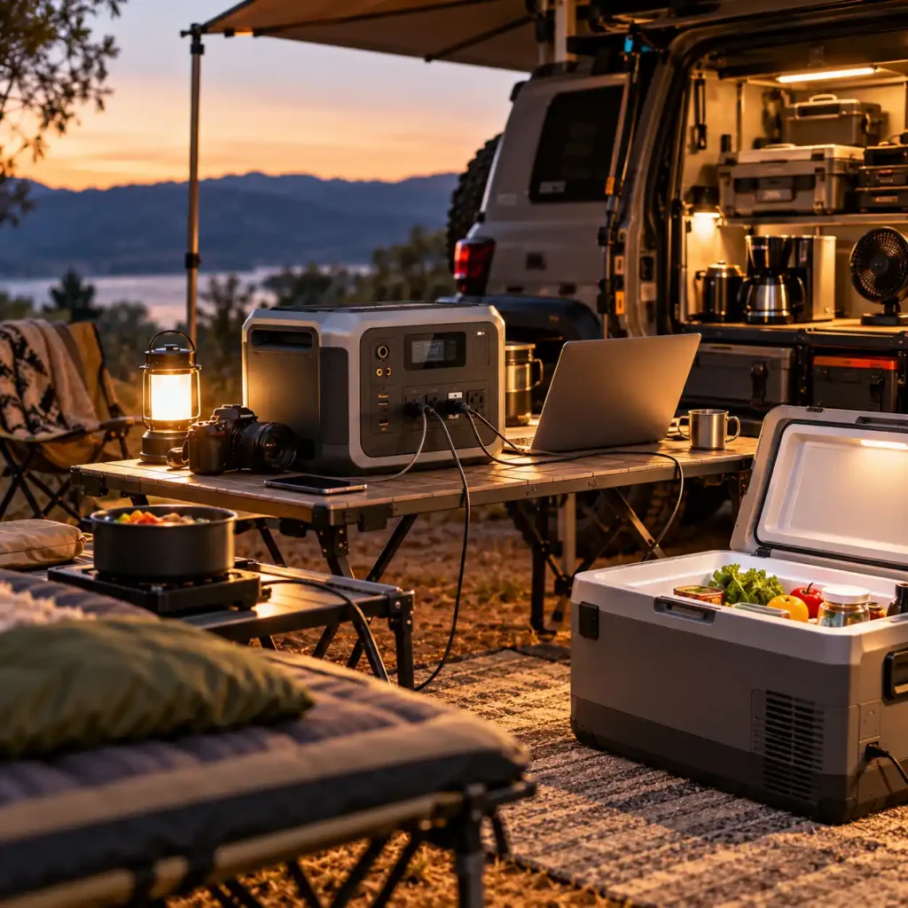 Portable power station running a laptop, lantern, camera, cooking equipment, and refrigerator at an overlanding campsite