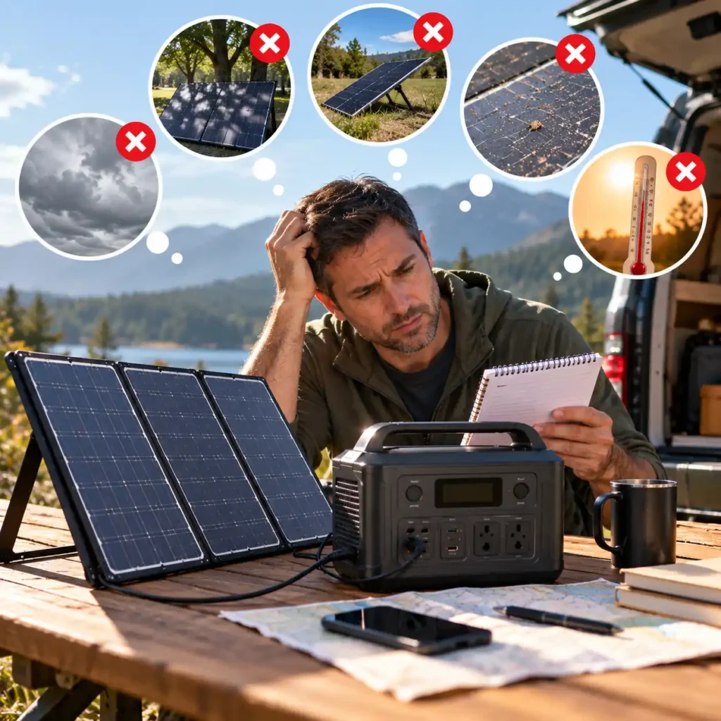 Person reviewing solar charging calculations beside portable solar panels and a power station outdoors