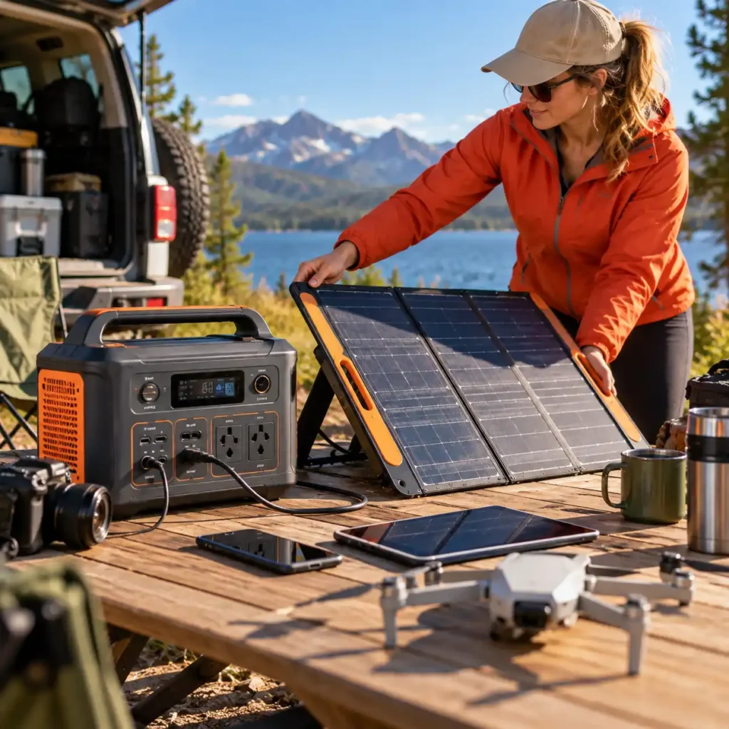 Portable power station connected to foldable solar panels during outdoor battery charging
