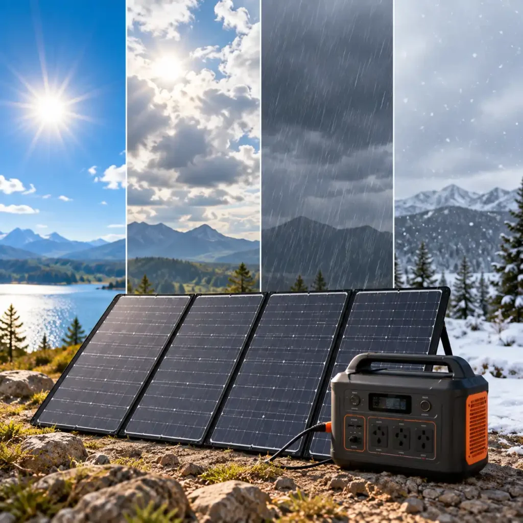 Portable solar panels and a power station shown in sunny, cloudy, rainy, and snowy conditions