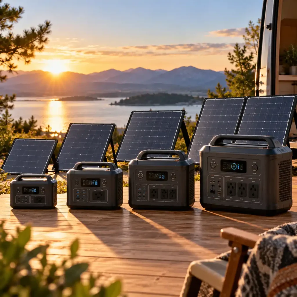 Portable power stations of different battery sizes with solar panels at sunset
