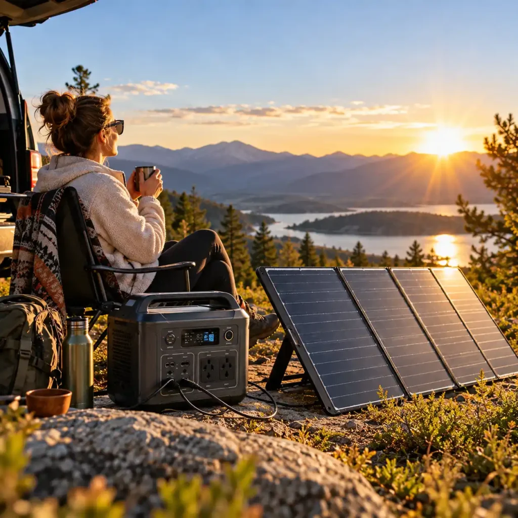 Portable power station connected to a foldable solar panel outdoors under changing sunlight conditions