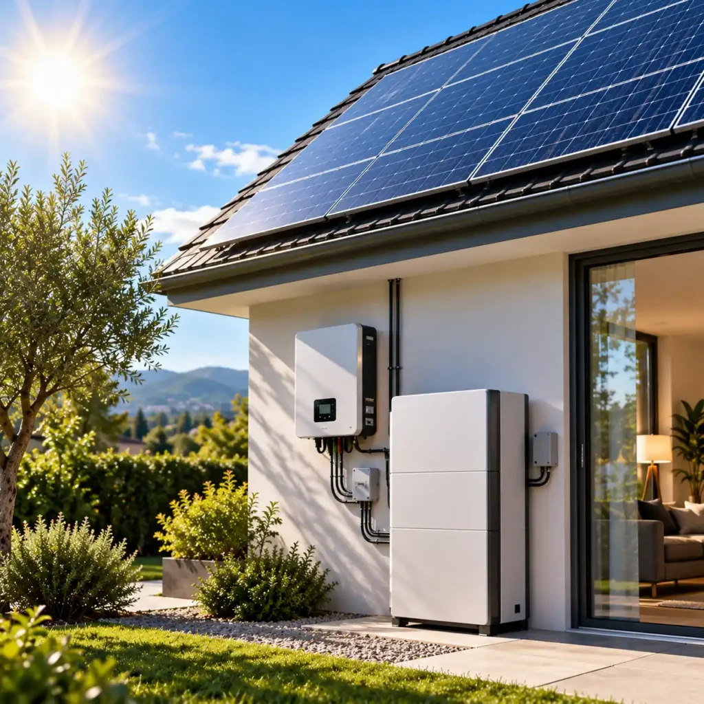 Residential rooftop solar panels connected to a home battery storage system for energy charging