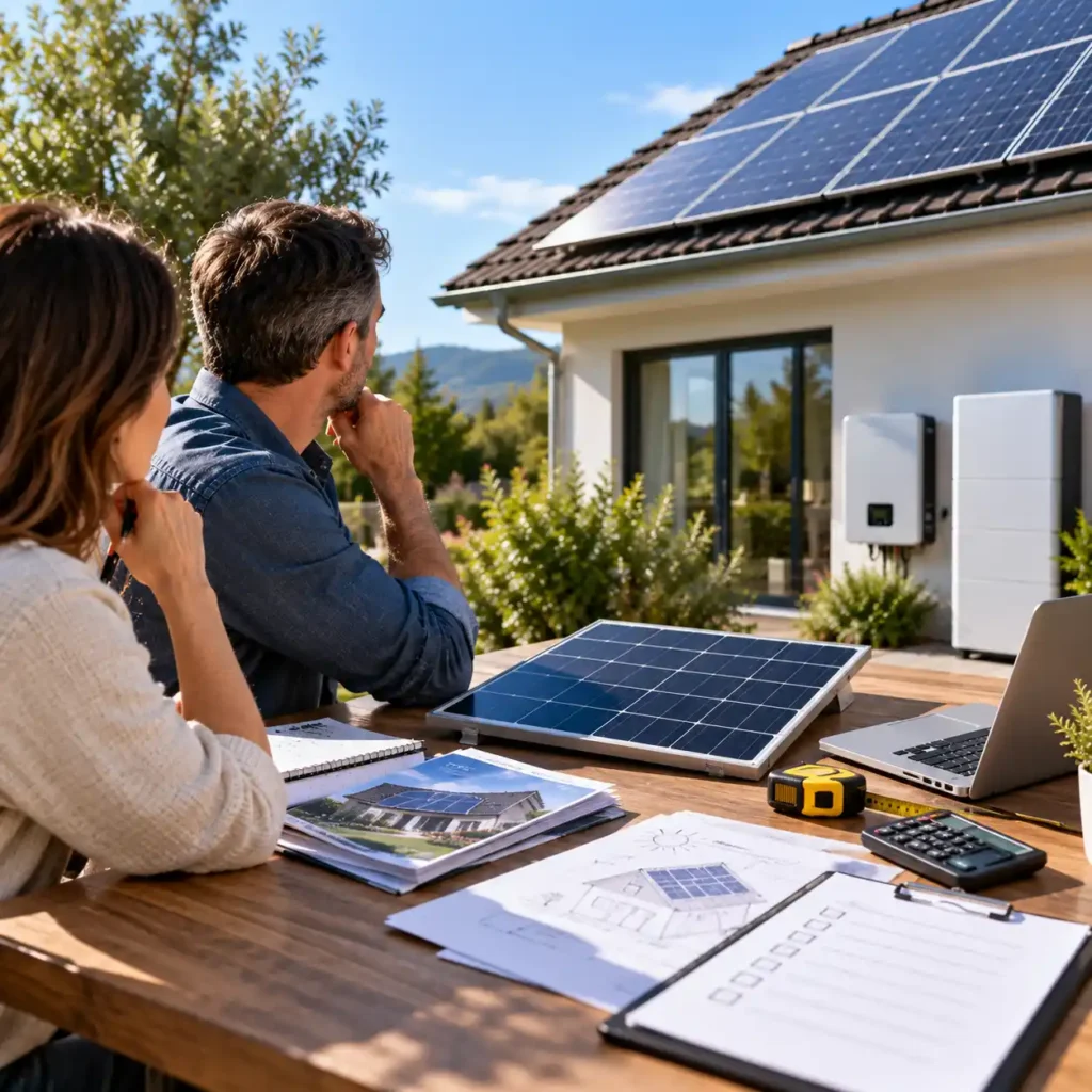 Couple reviewing solar panel specifications and installation requirements beside a residential solar power system