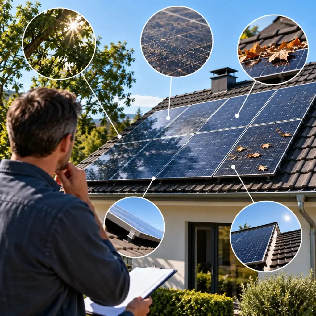 Homeowner inspecting rooftop solar panels with shading, dirt, leaves, and roof orientation affecting solar output