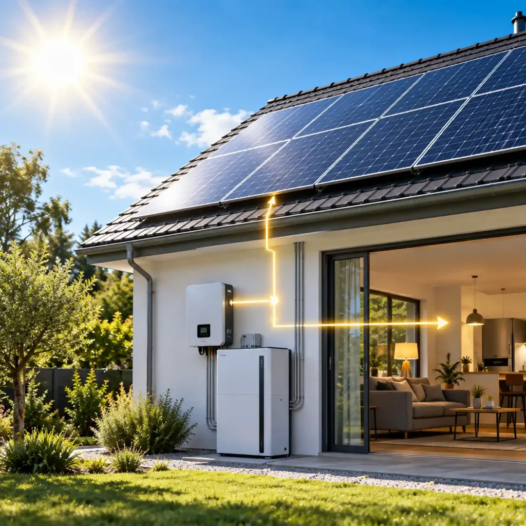 Residential home with rooftop solar panels, inverter, and battery storage system in bright sunlight