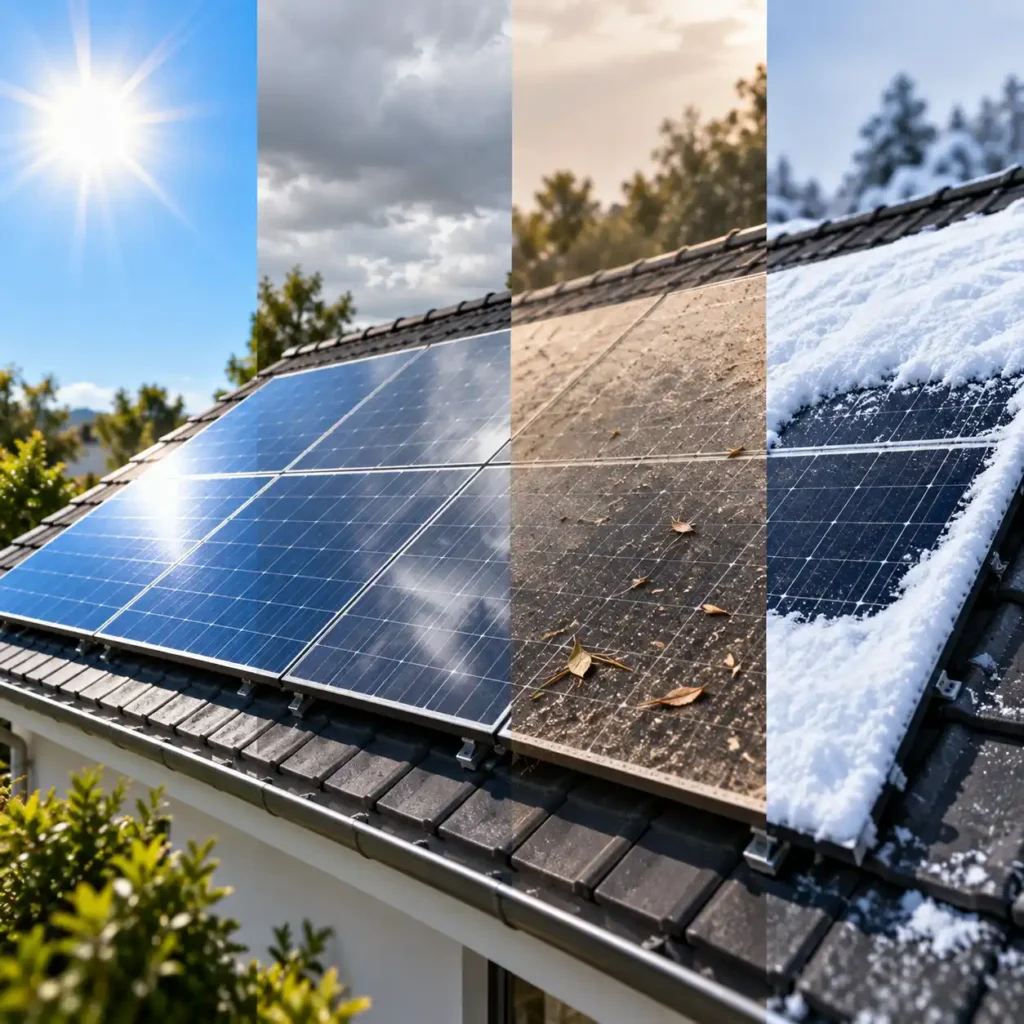 Rooftop solar panels shown under different sunlight and weather conditions, illustrating factors that can reduce solar energy output