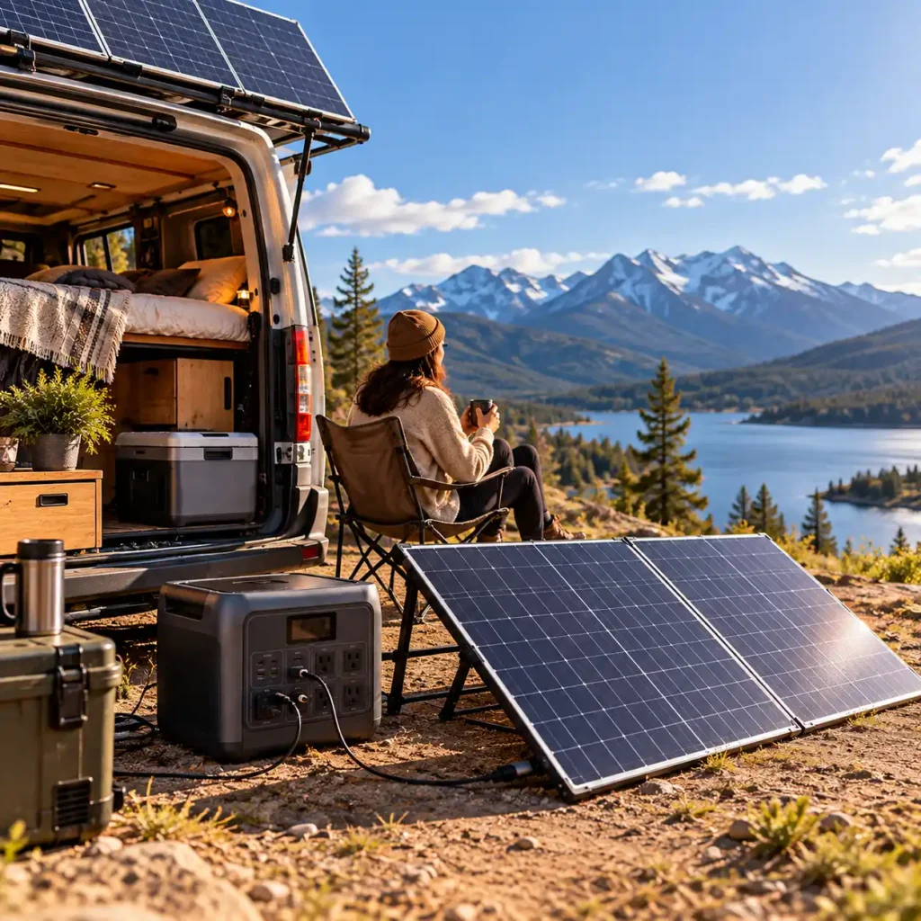 Camper van with roof-mounted and portable solar panels connected to a portable power station beside a mountain lake