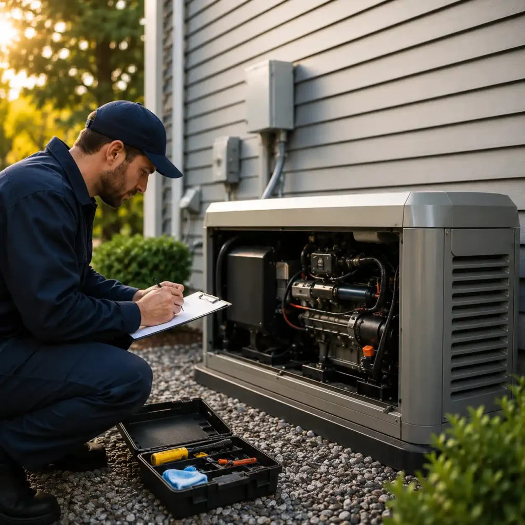 Technician evaluating an outdoor standby generator with its engine compartment open.
