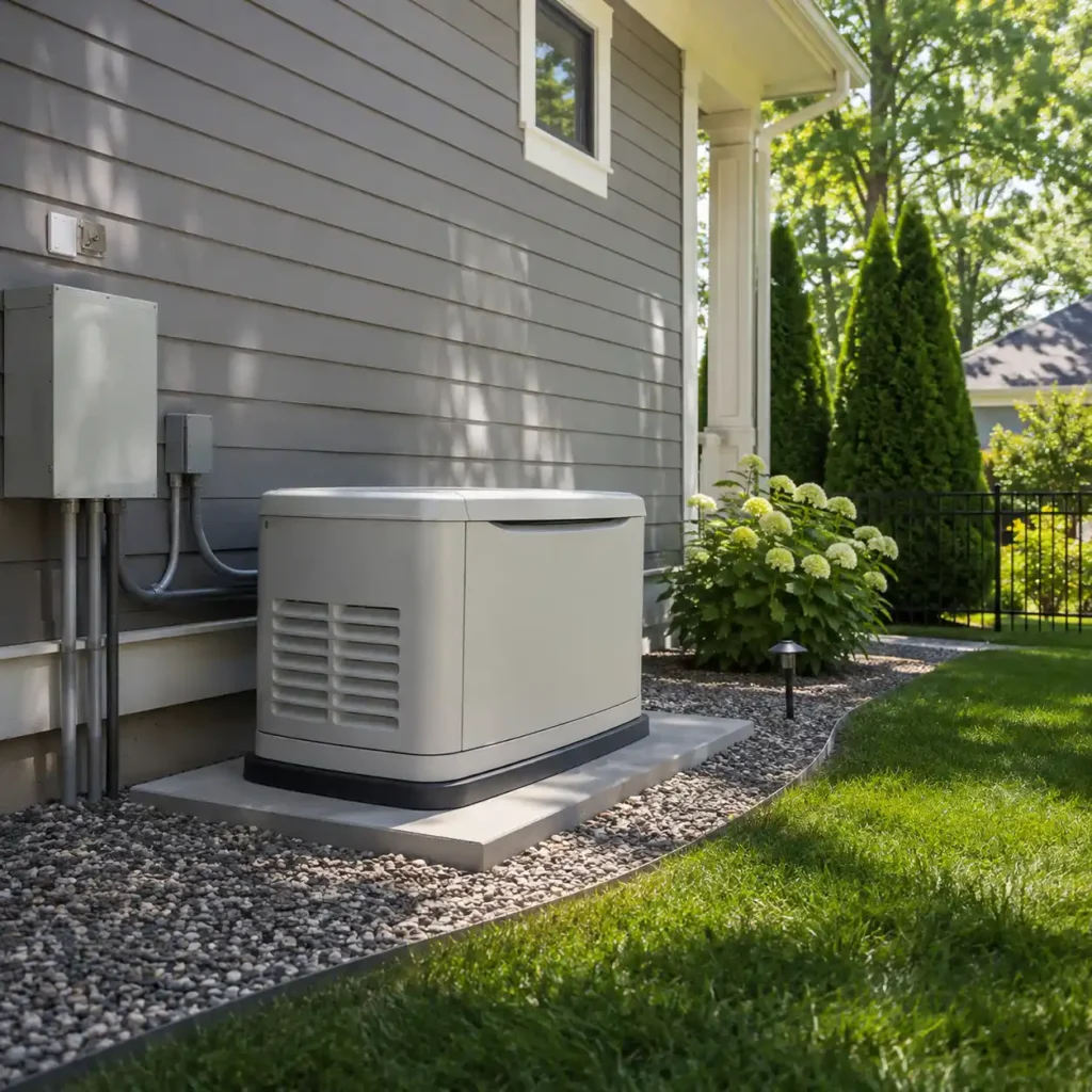 Standby generator installed on a concrete pad beside a suburban home with electrical conduit and outdoor clearance.