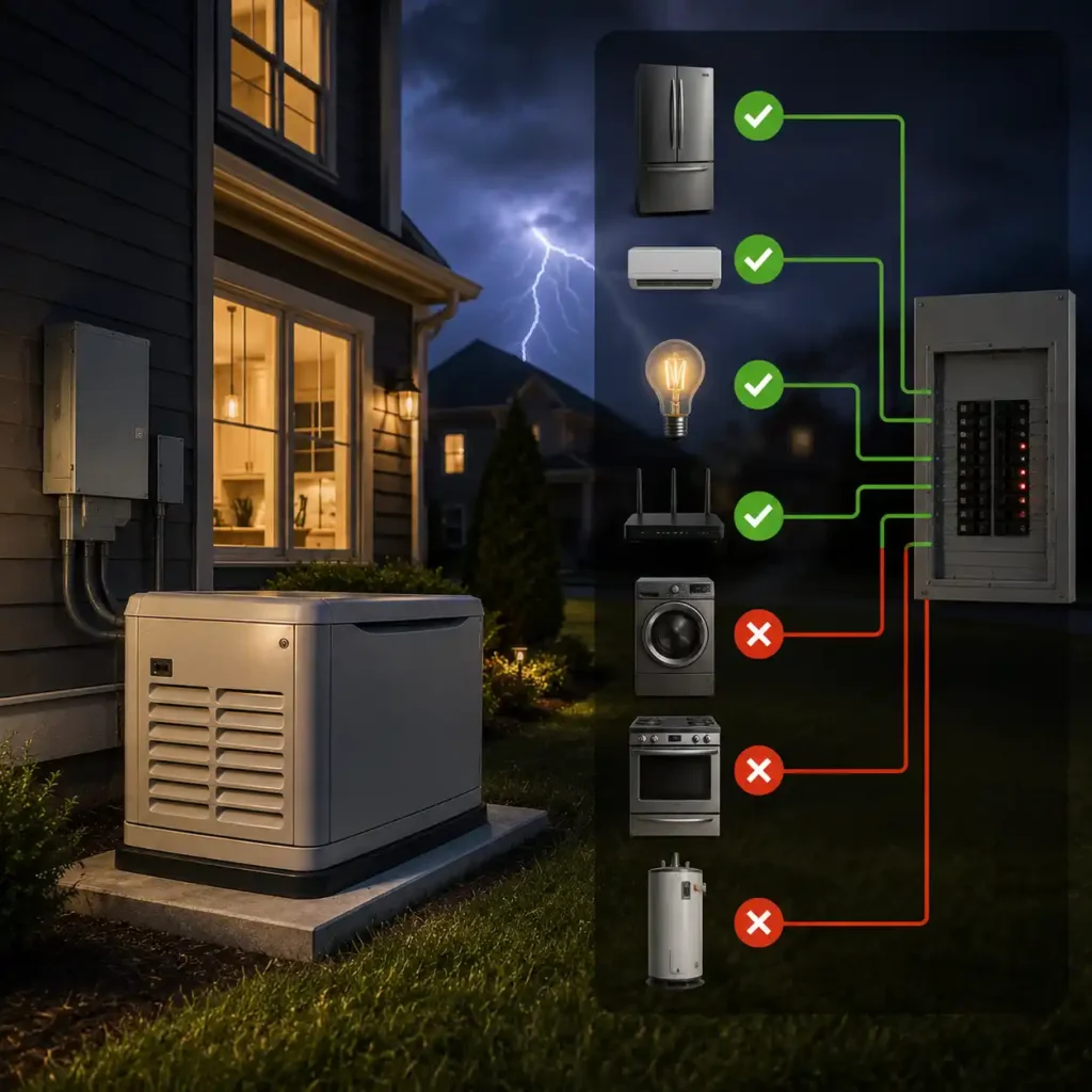 Standby generator supplying selected household appliances during a power outage with load management.