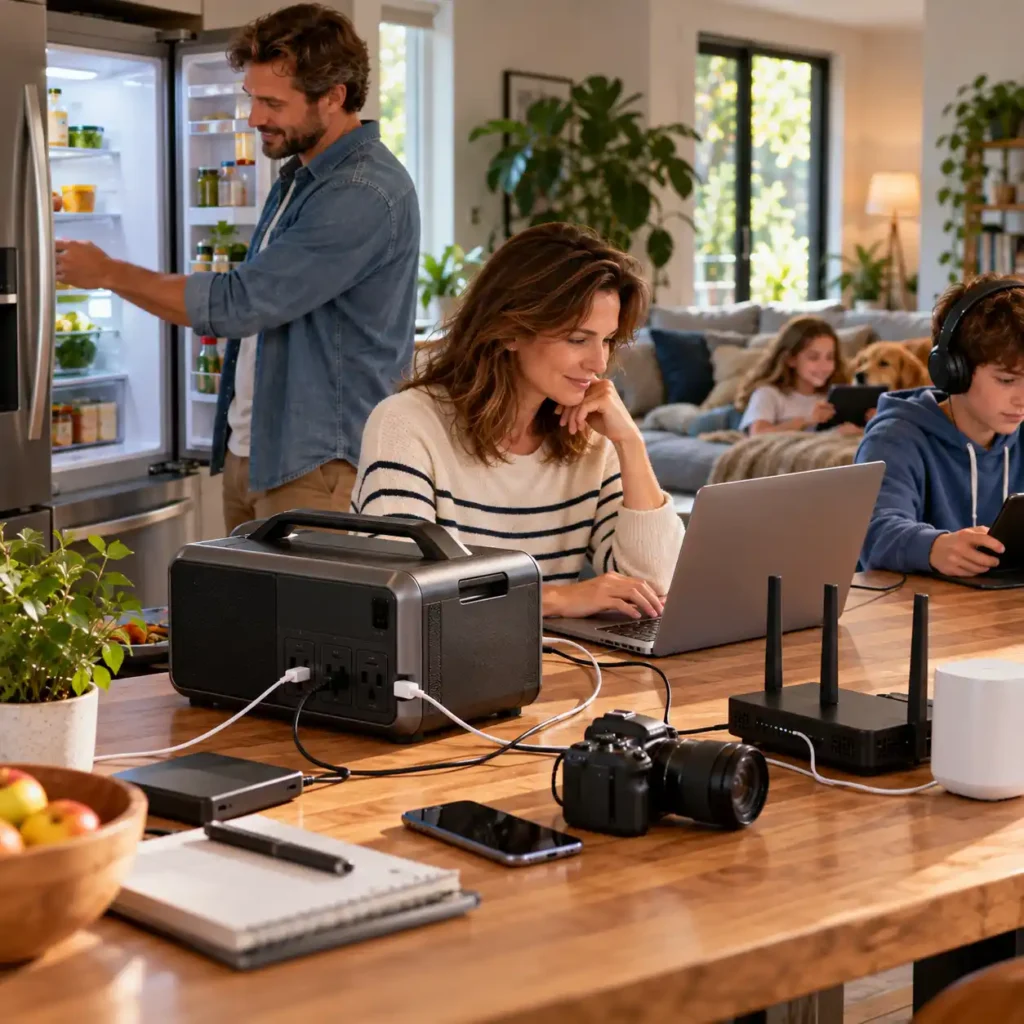 Family using laptops and other electronics with a portable power station in a bright kitchen and living room