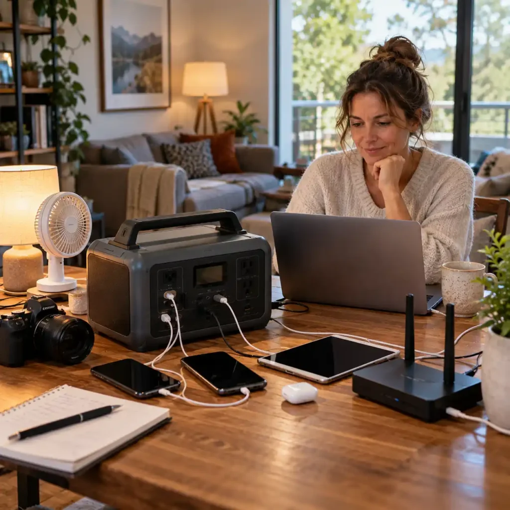 Woman using a laptop beside a portable power station connected to phones, a tablet, fan, lamp, camera, and router