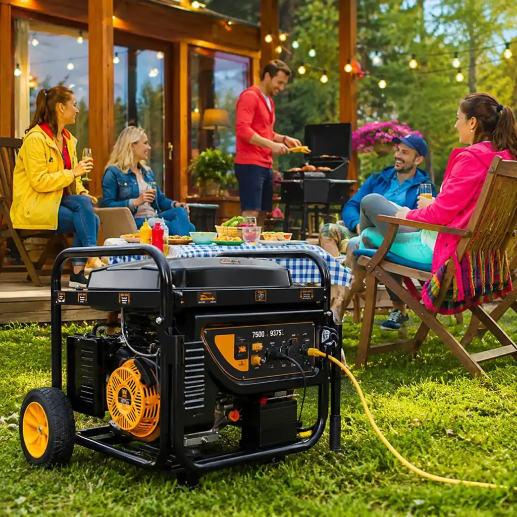 WEN DF1100X portable dual fuel generator with wheels, open-frame design, and electric start system outdoors.