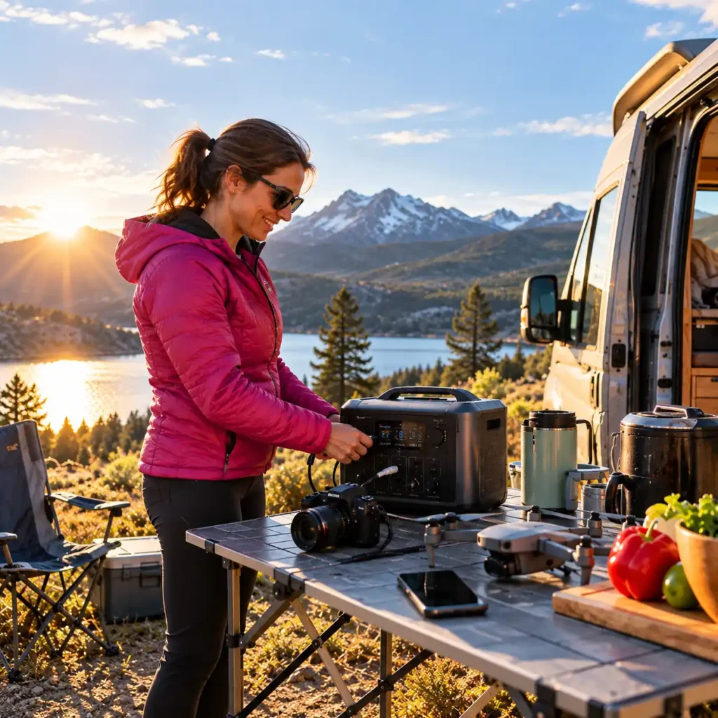 Woman using a portable power station at a sunny campsite with a camera, phone, cooking equipment, and outdoor gear