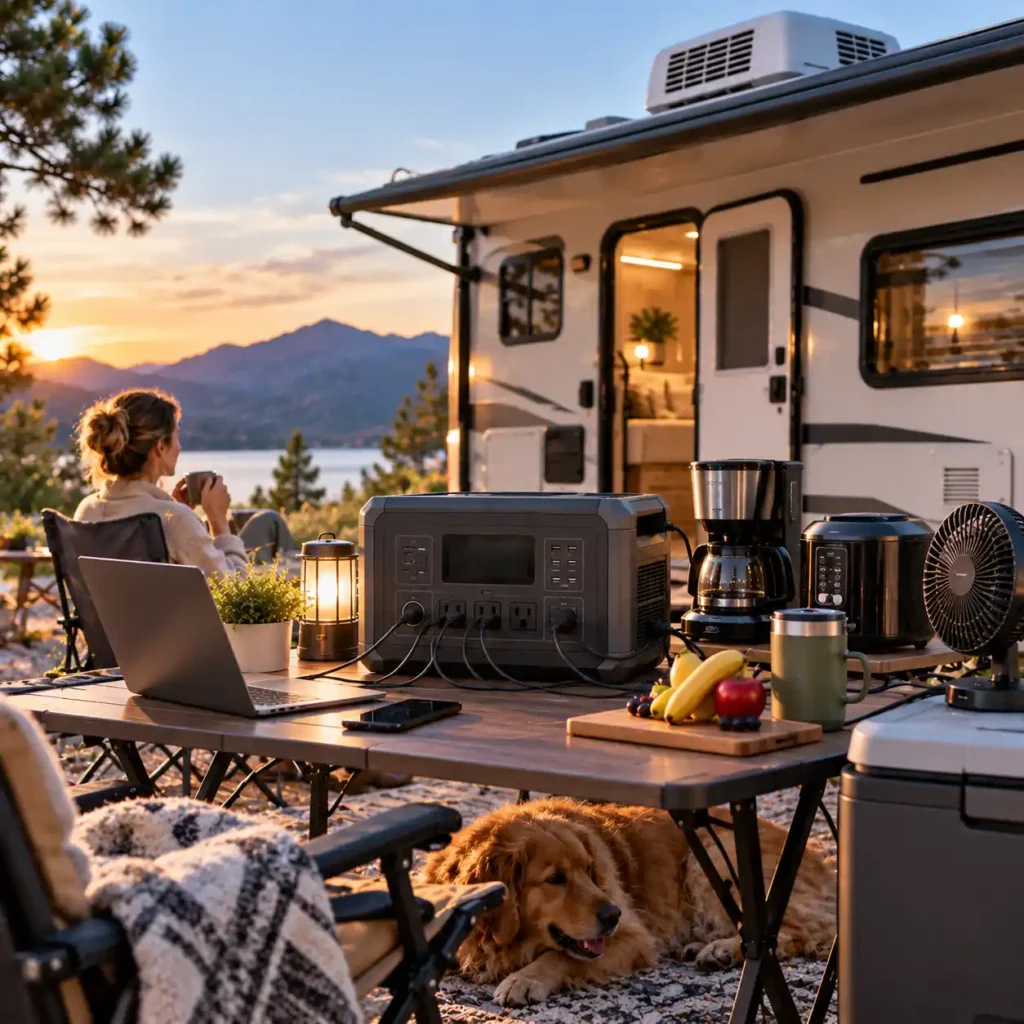 Portable power station connected to an RV with a laptop, coffee maker, fan, cooler, and other devices at a lakeside campsite