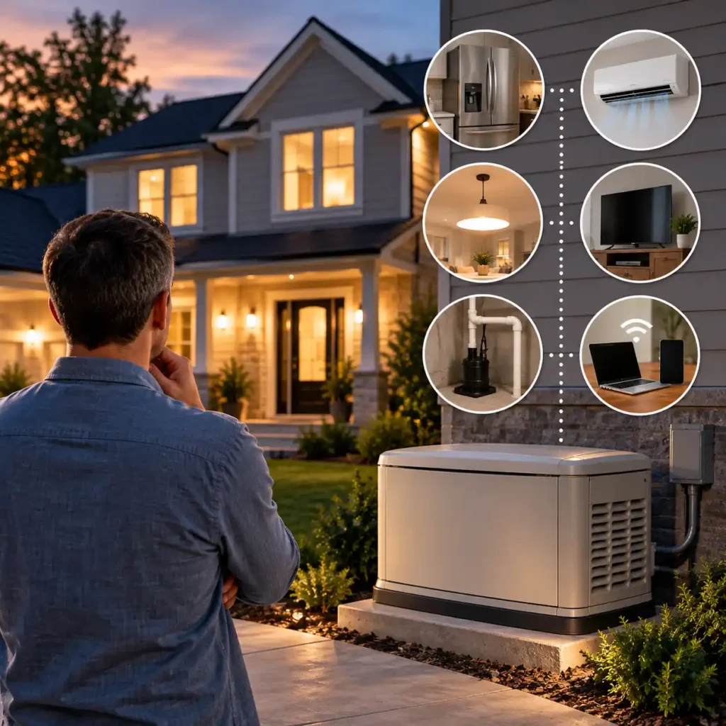 Standby generator beside a home with common household appliances illustrating generator size requirements