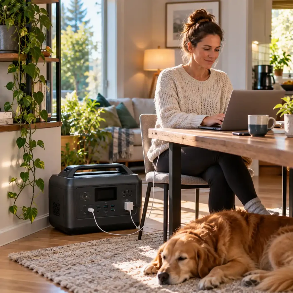 Woman working on a laptop beside a portable power station in a sunlit home while a dog rests nearby