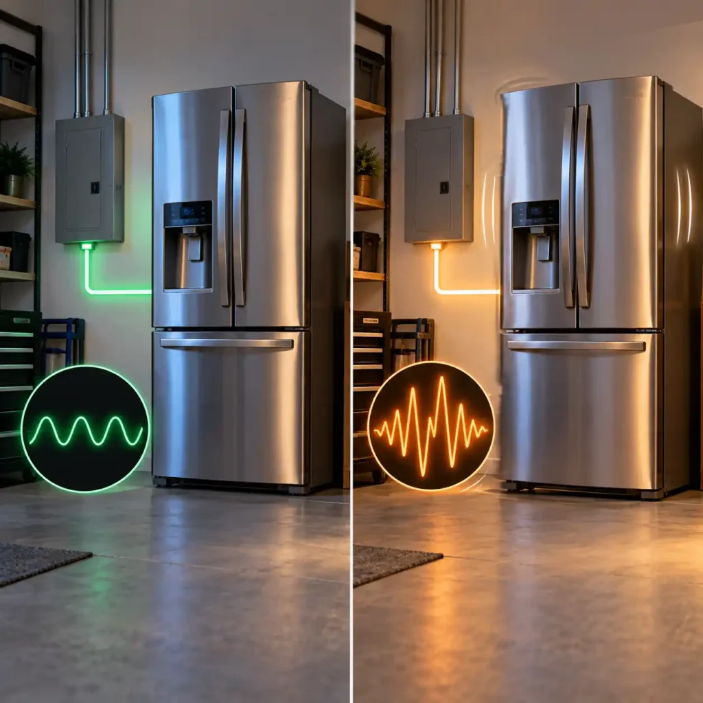 Residential refrigerator illustrating the difference between normal running power and higher starting power demand