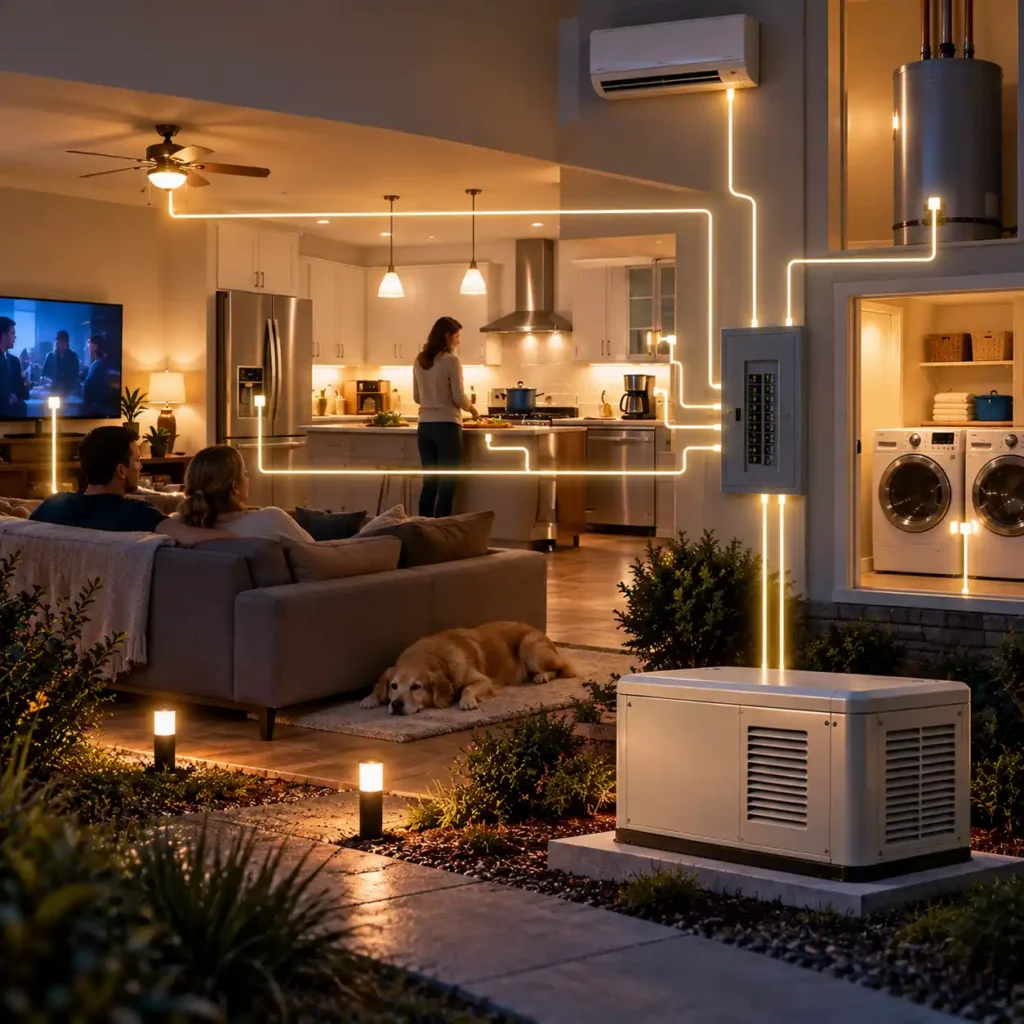 Modern home with multiple electrical loads operating simultaneously and connected to a backup generator