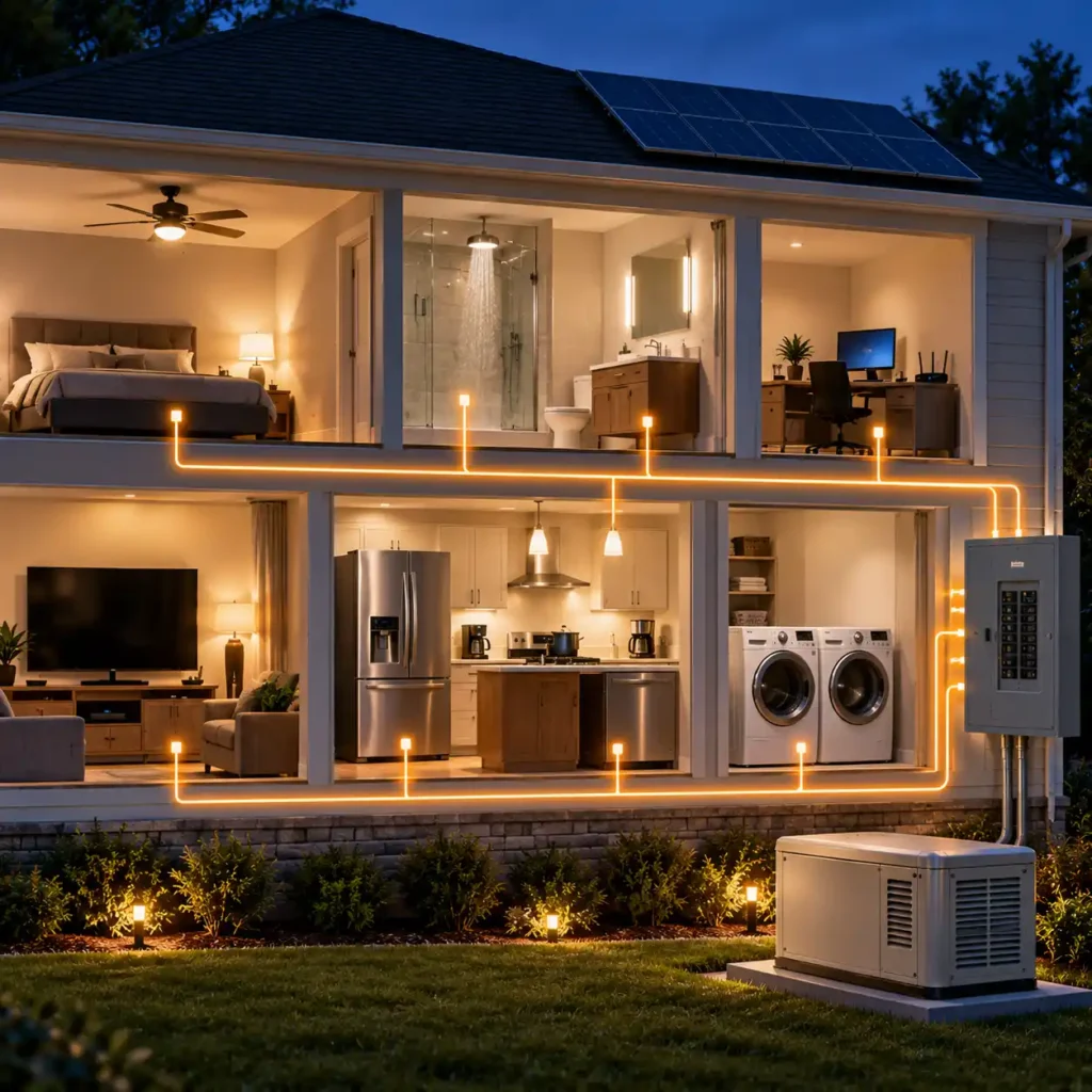 Cutaway view of a home with multiple appliances operating simultaneously and connected to a central electrical panel