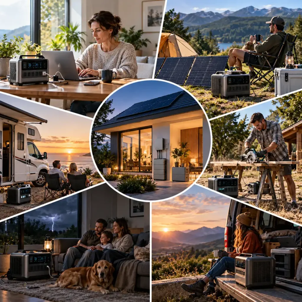 People using portable power stations for remote work, camping, RV travel, outdoor work, and home backup