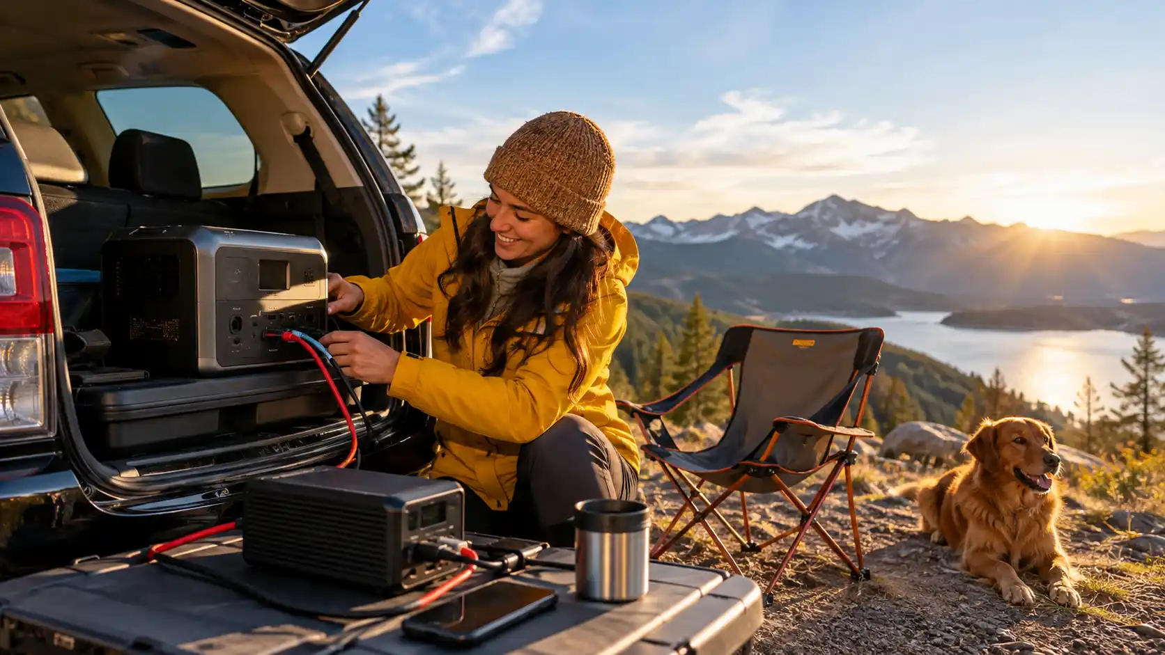 Woman connecting charging cables to a portable power station beside an SUV at a mountain campsite