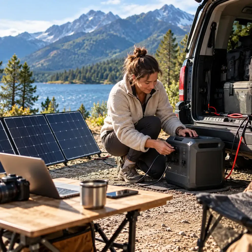 Woman connecting a portable power station beside an SUV with portable solar panels at a mountain campsite.