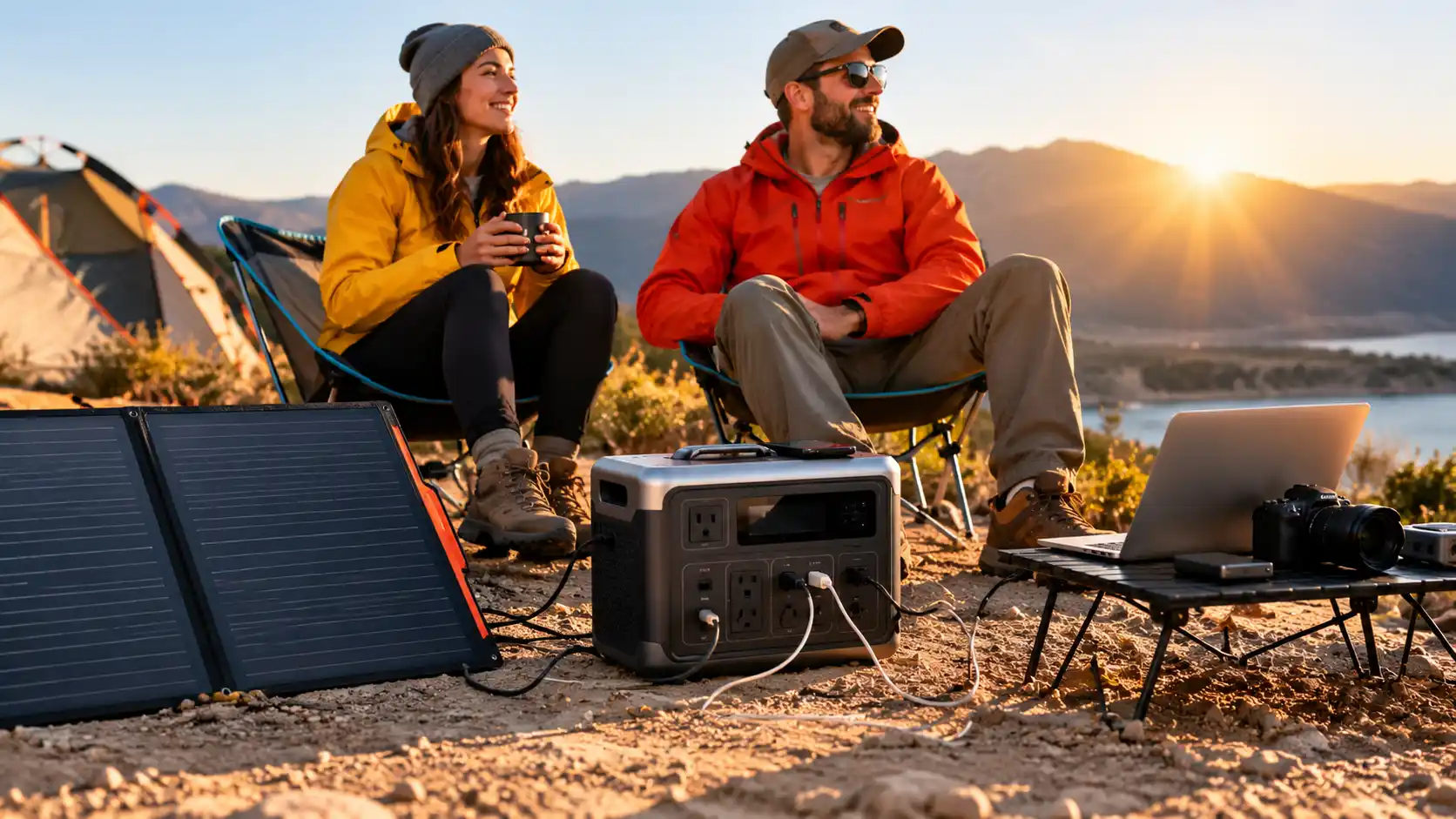 **Alt:** `Outdoor campsite with a portable power station, solar panel, laptop, camera, and two people enjoying a sunny mountain setting` **Title:** `Best Portable Power Stations Under $1,000 (2026)`