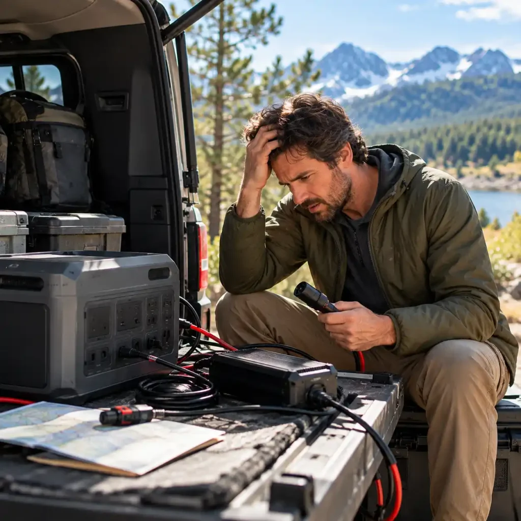 A man examines a charging cable beside a portable power station at the open tailgate of an SUV.