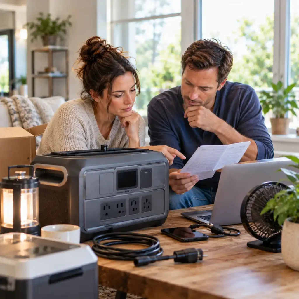 Couple reviewing a portable power station manual and checking the unit beside cables and household equipment.