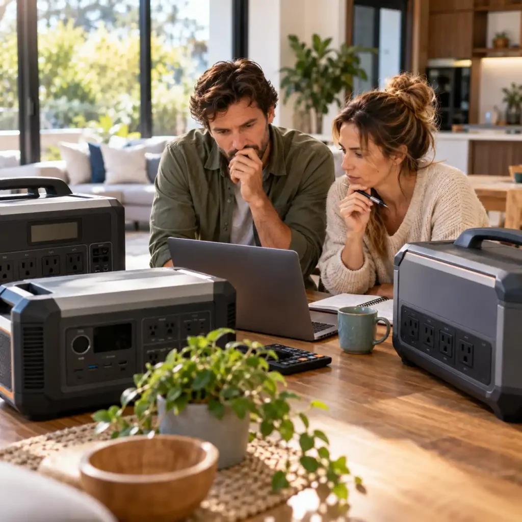 Couple comparing several portable power stations with a laptop and notes on a table