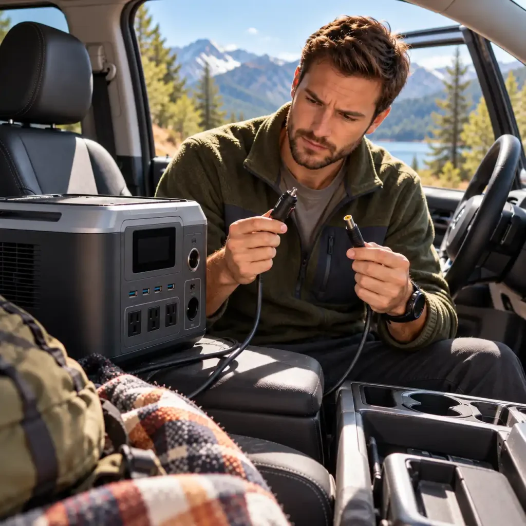 A man examines two charging connectors beside a portable power station, an inverter, and loose cables inside an SUV.