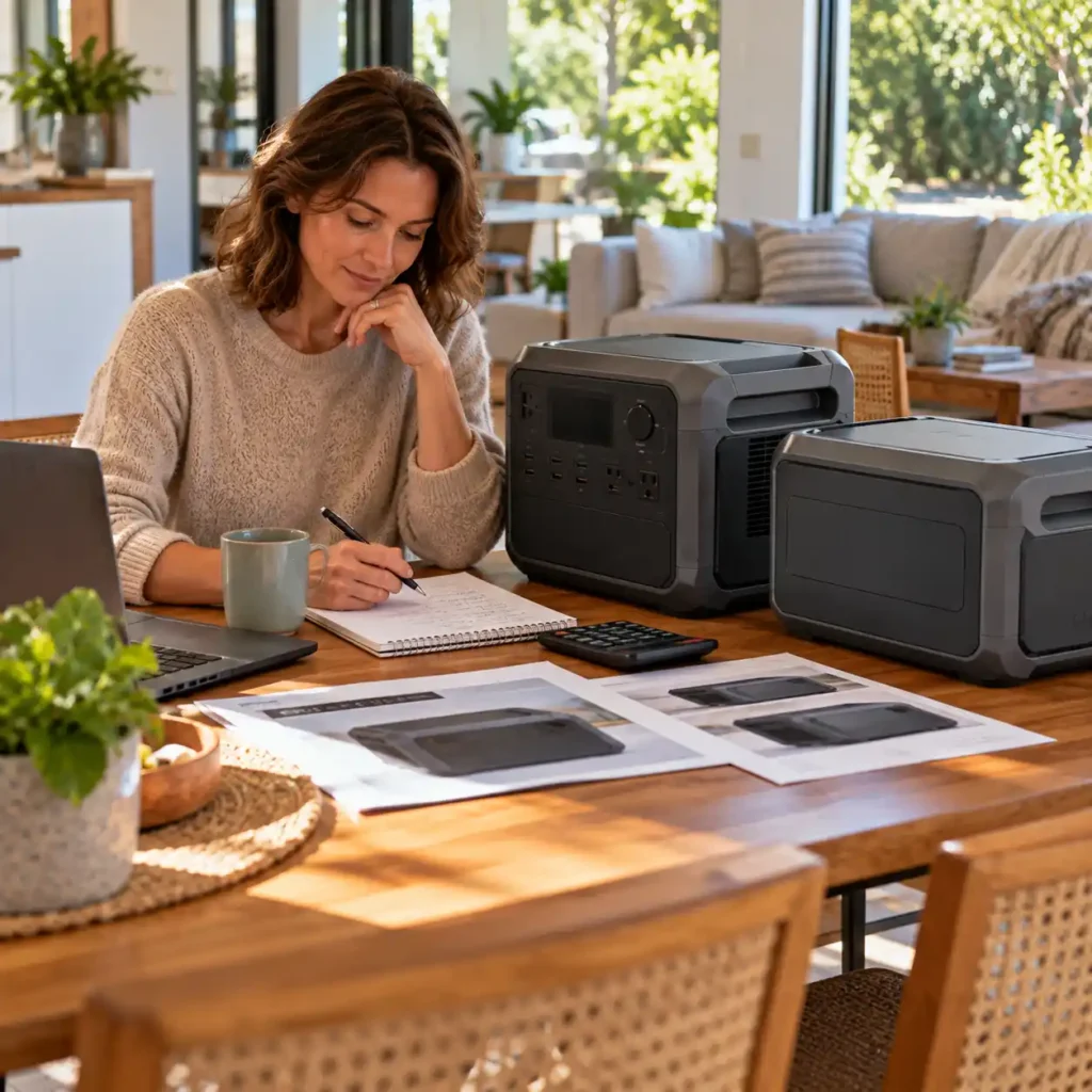 Woman comparing portable power stations and taking notes at a table