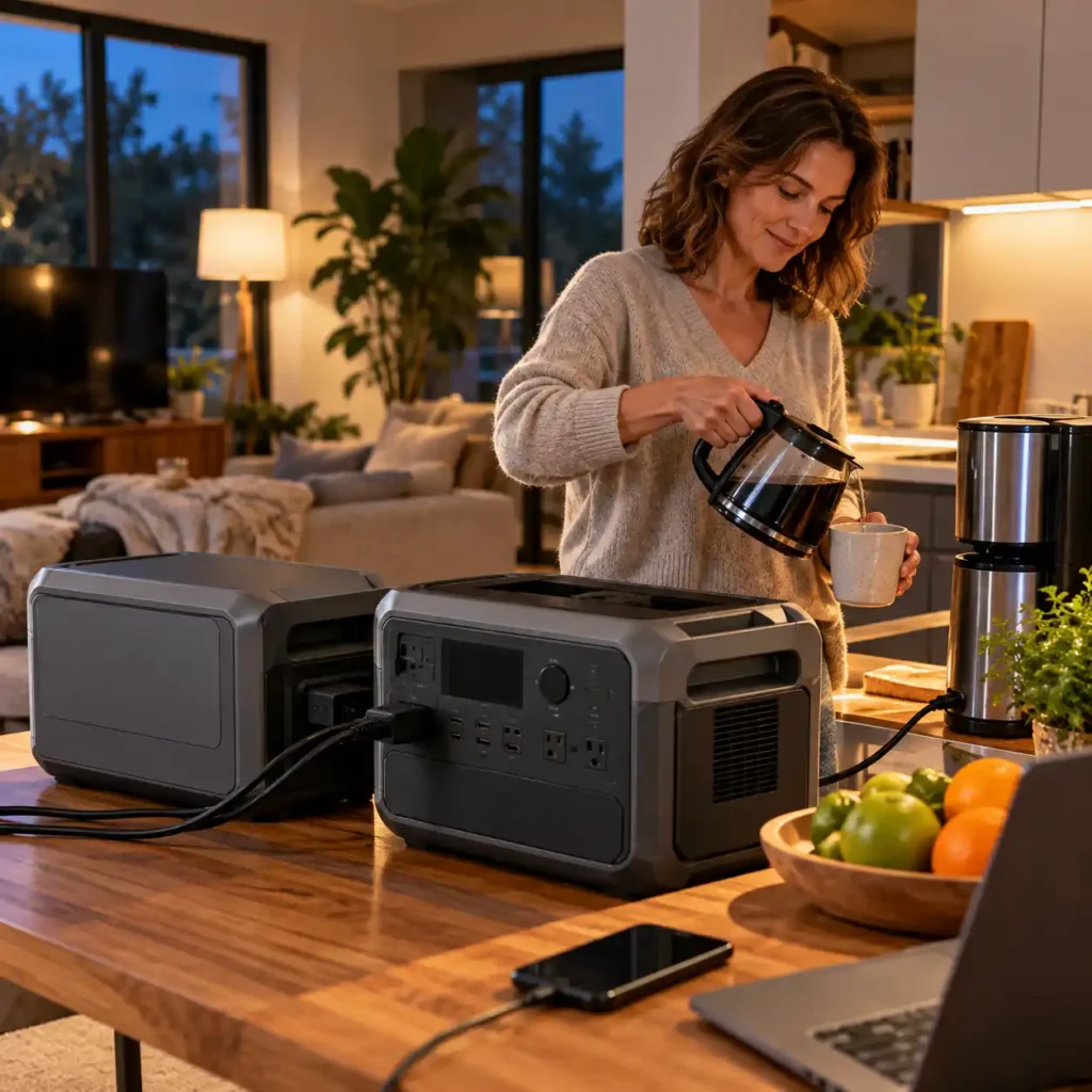 Woman using a portable power station to power household appliances in a kitchen