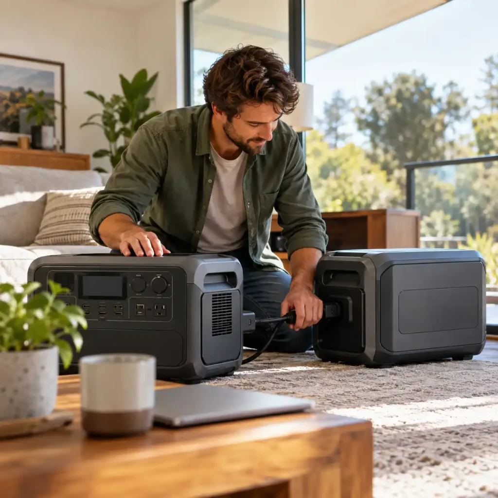 Man connecting two portable power stations in a bright home living room