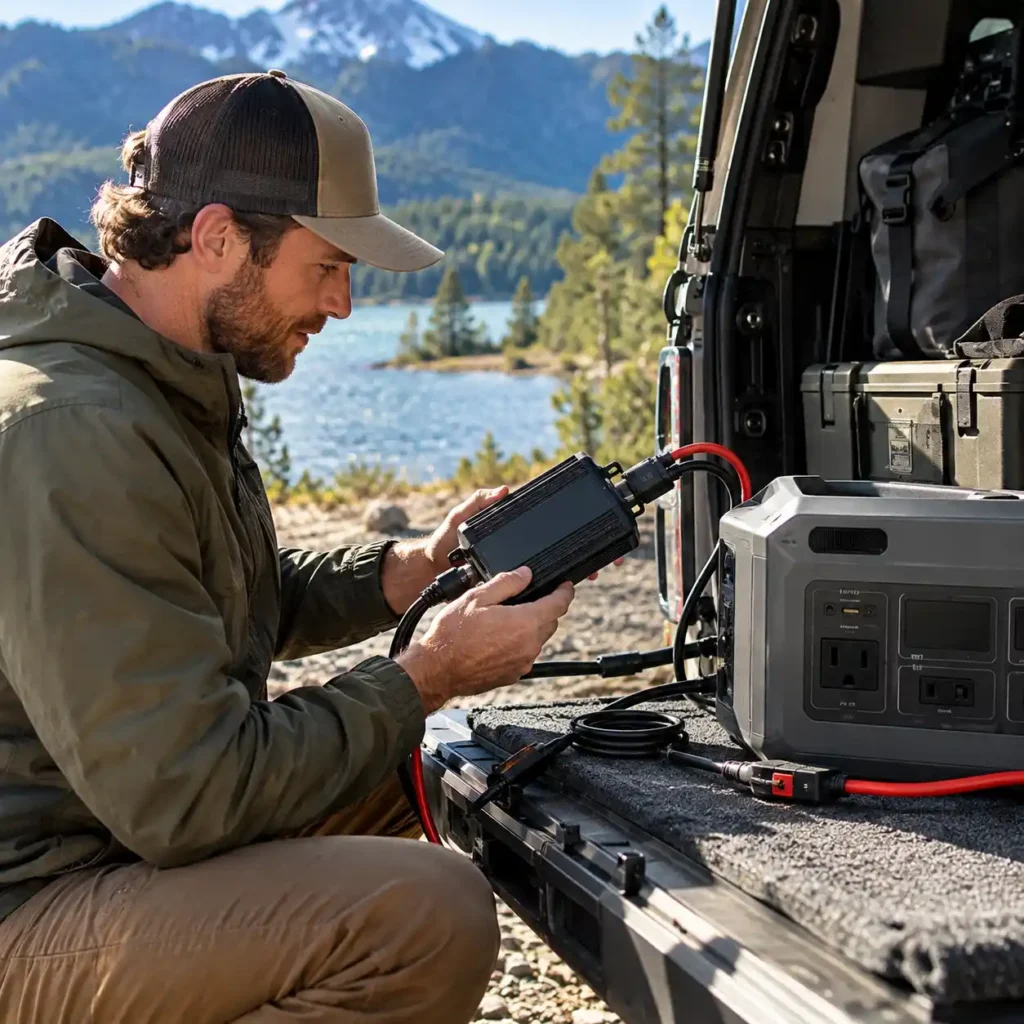 Man connecting a DC charger to a portable power station at the back of an SUV outdoors.