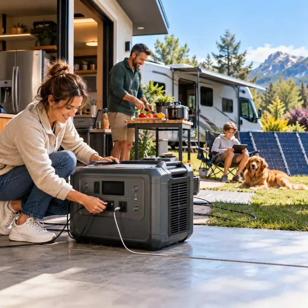 A woman connecting a portable power station outside a home while a man prepares food near an RV and a child sits beside solar panels with a dog.