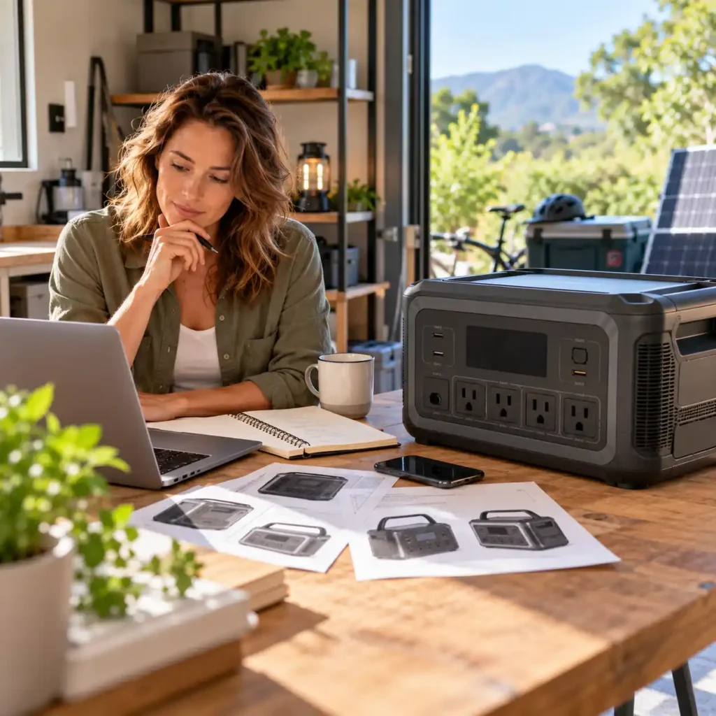 Woman comparing portable power stations using a laptop and product specifications beside a large portable power station on a wooden table.