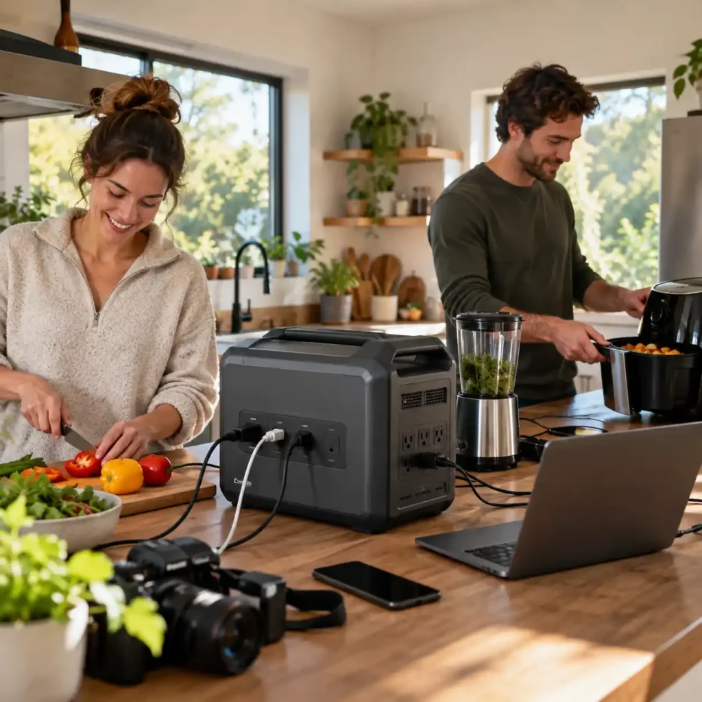 Couple using a portable power station to run kitchen appliances, a laptop, and other devices