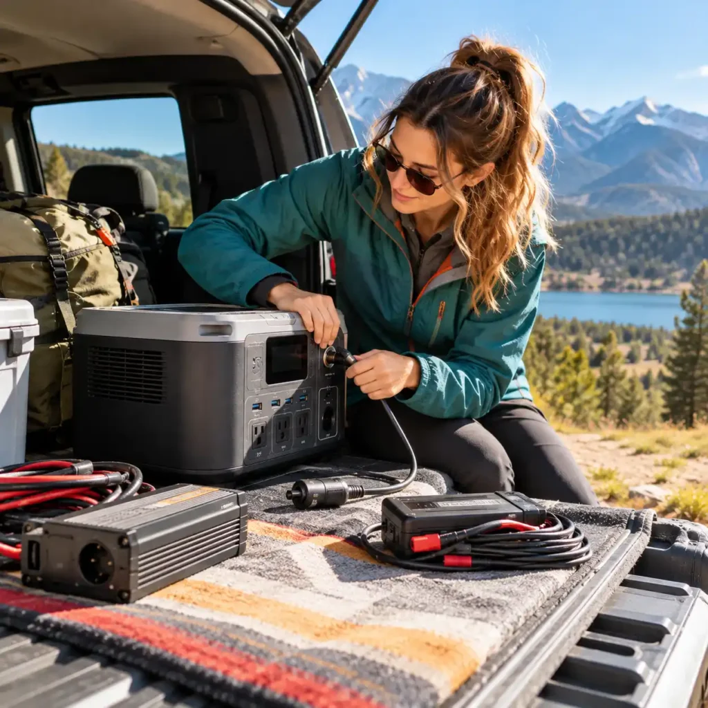 A woman connects a cable to a portable power station beside an open SUV with charging equipment and cables nearby.