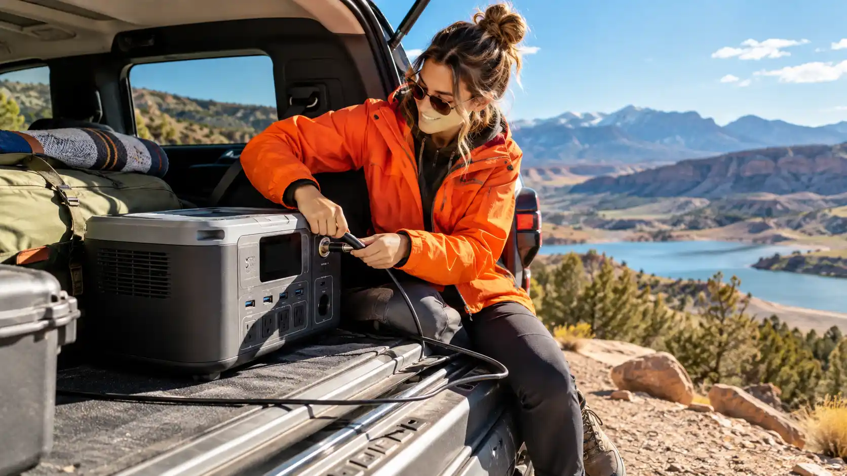 A woman connects a portable power station inside the open rear of an SUV at a sunny outdoor overlook.
