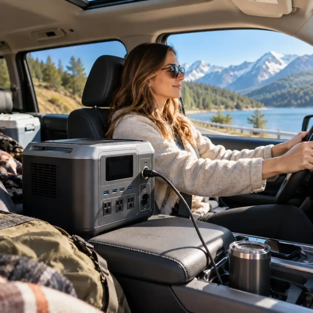 A woman drives an SUV along a mountain lake while a portable power station with a connected cable sits in the center console area.