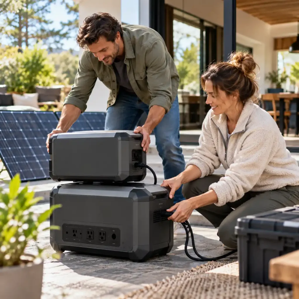 Couple connecting additional battery units to a portable power station outside a home