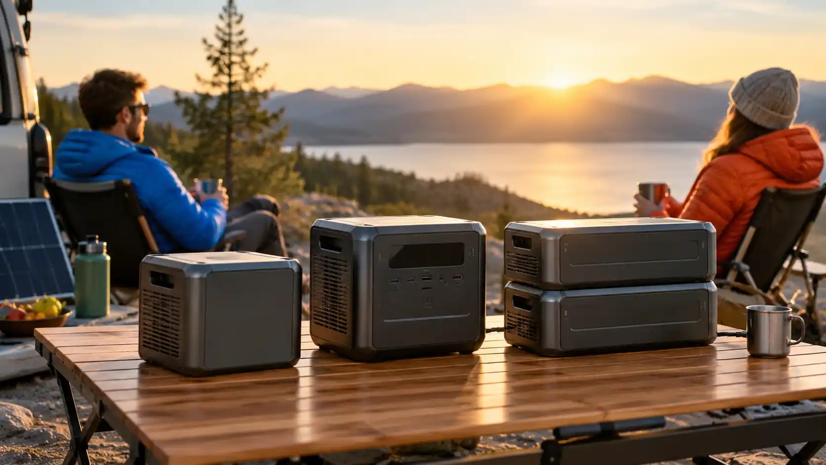 Portable power station and expansion batteries on a wooden table at a mountain campsite