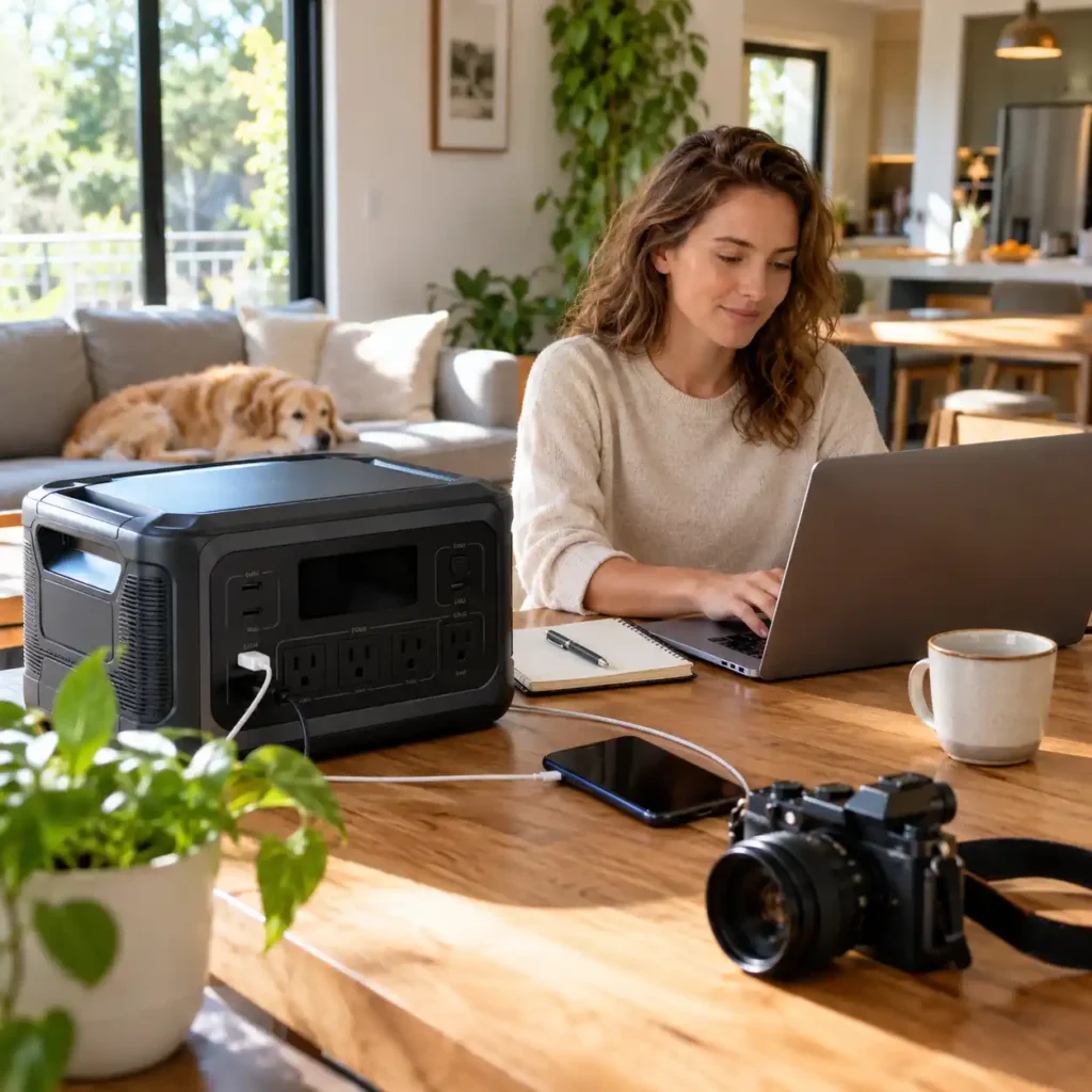 Woman using a laptop at a wooden table beside a portable power station in a bright home interior.